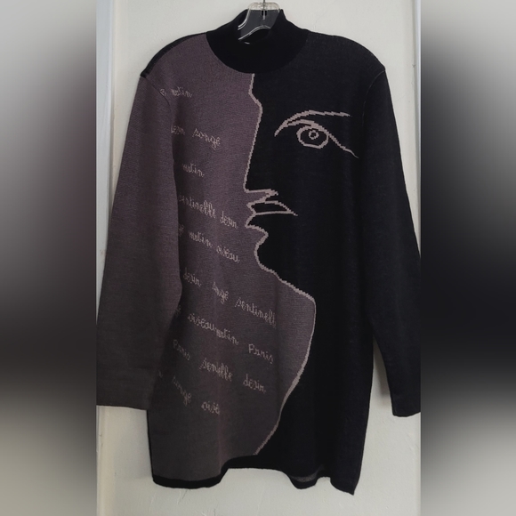 RODIER Sweaters - Vtg Rodier Black Gray Mock Neck Graphic Wool Blend Tunic Sweater Size Large